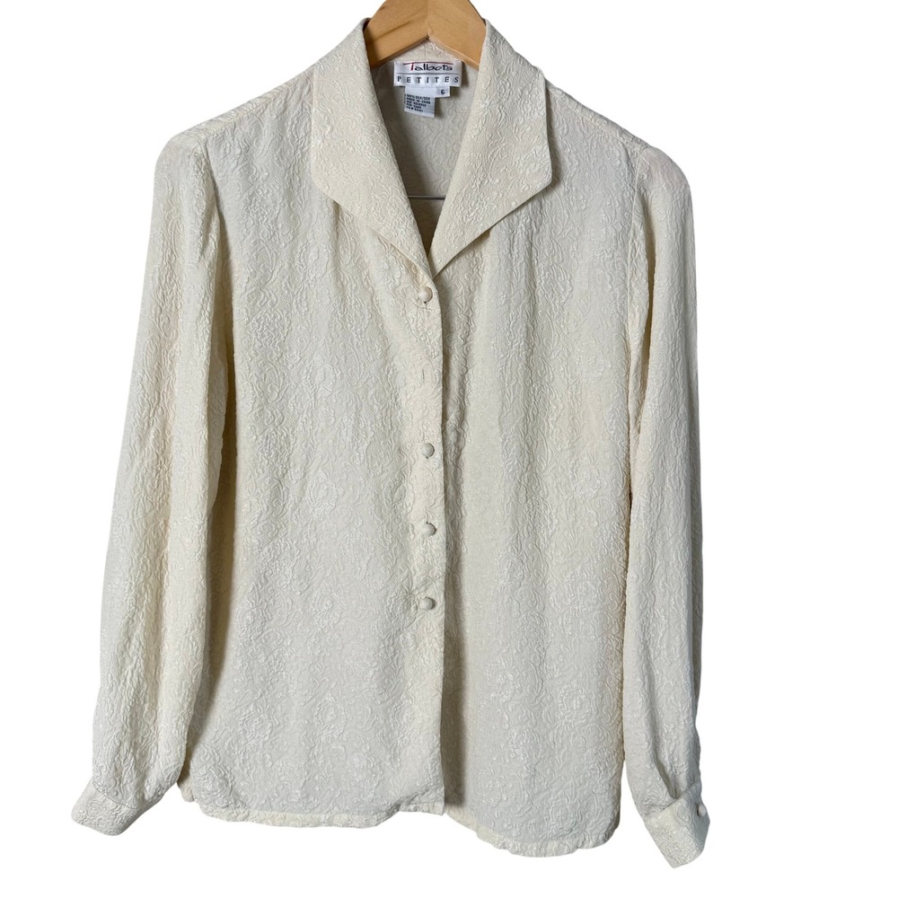 Vintage Talbots Cream Jacquard Silk Button Up Shirt Blouse Size 6‎